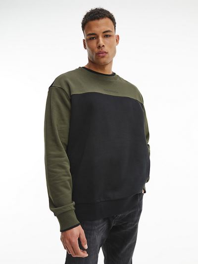Calvin Klein Ruhák HU083985 | Calvin Klein Plus Size Colour Block Férfi Pulóver Sötét Olivazöld